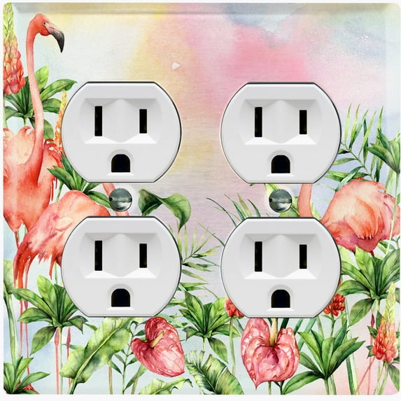 Metal Light Switch Plate Outlet Cover Tropical Pink Flamingo Flower Leaves Rainbow FGO007