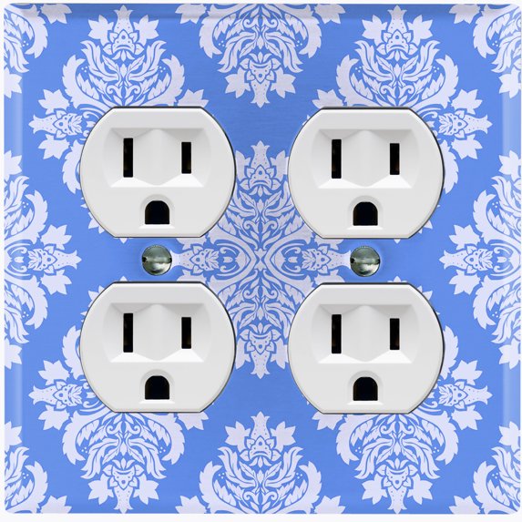 Metal Light Switch Plate Outlet Cover (Victorian Damask Flower Blue Pastel Pattern - Double Duplex)