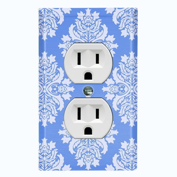 Metal Light Switch Plate Outlet Cover (Victorian Damask Flower Blue Pastel Pattern - Single Duplex)