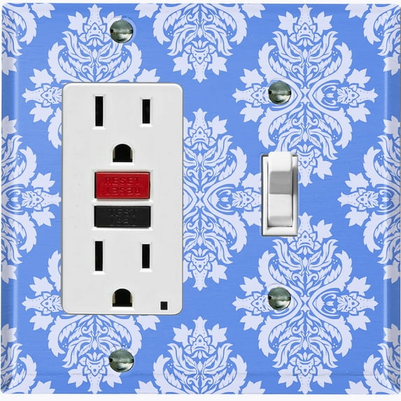 Metal Light Switch Plate Outlet Cover (Victorian Damask Flower Blue Pastel Pattern - Single Rocker Single Toggle)