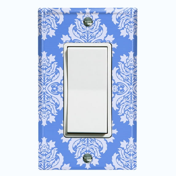 Metal Light Switch Plate Outlet Cover (Victorian Damask Flower Blue Pastel Pattern - Single Rocker)