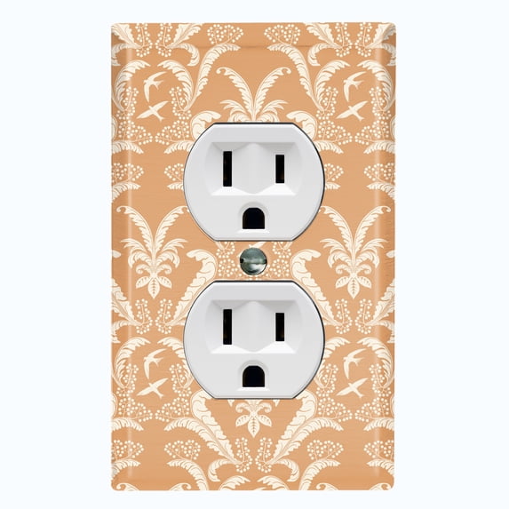 Metal Light Switch Plate Outlet Cover (Victorian Damask Flower Feather Tan Pattern - Single Duplex)