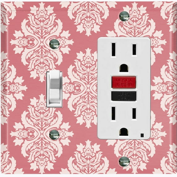 Metal Light Switch Plate Outlet Cover (Victorian Damask Flower Red Pastel Pattern - Single Toggle Single Rocker)