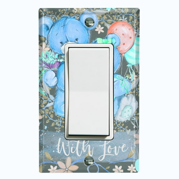 Metal Light Switch Wall Plate Outlet Cover (2 Teddy Bears Blue With Love Heart Balloon Flower - Single Rocker)