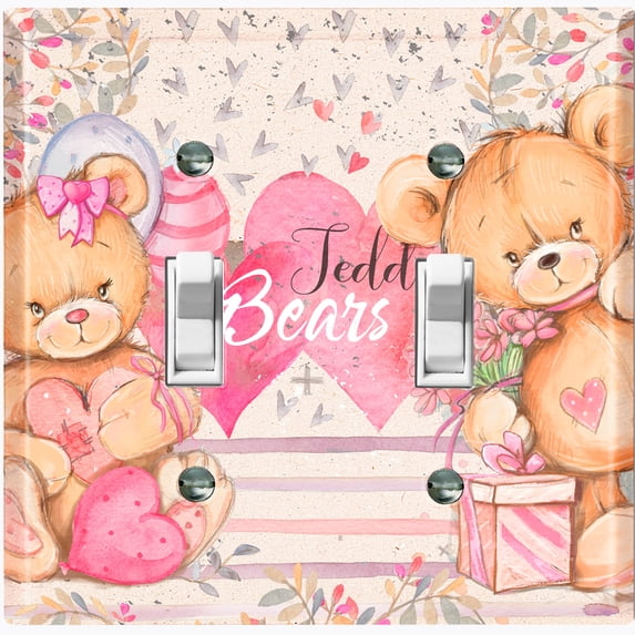 Metal Light Switch Wall Plate Outlet Cover (2 Teddy Bears Pink With Love Heart Balloon Flower - Double Toggle)