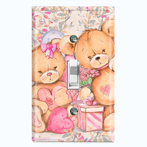 Metal Light Switch Wall Plate Outlet Cover (2 Teddy Bears Pink With Love Heart Balloon Flower - Single Toggle)