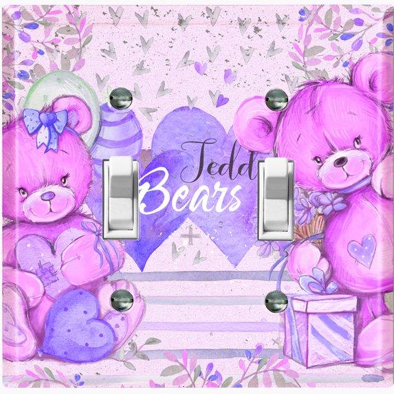 Metal Light Switch Wall Plate Outlet Cover (2 Teddy Bears Purple Pink With Love Heart Balloon Flower - Double Toggle)