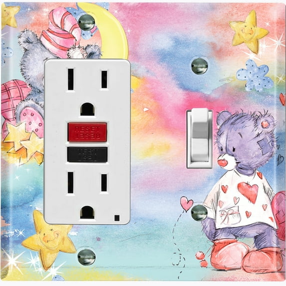 Metal Light Switch Wall Plate Outlet Cover (2 Teddy Bears Reading Flower Hearts Pink - Single Rocker Single Toggle)