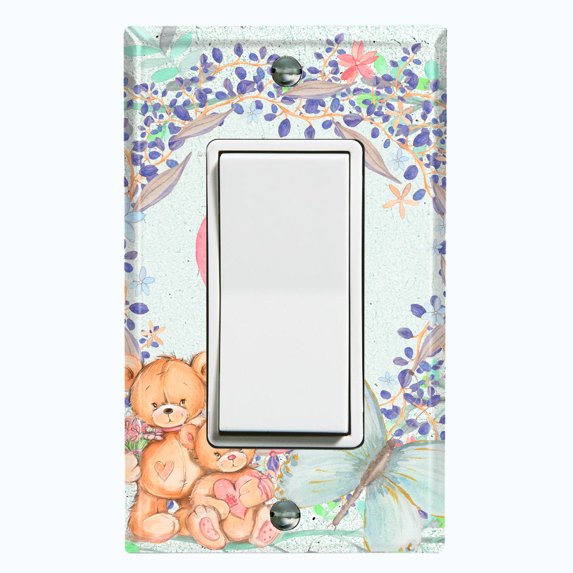 Metal Light Switch Wall Plate Outlet Cover (2 Teddy Bears With Love Heart Flower Balloon Flower Wreath Green - Single Rocker)