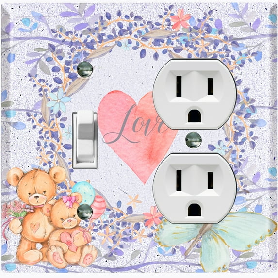 Metal Light Switch Wall Plate Outlet Cover (2 Teddy Bears With Love Heart Flower Balloon Flower Wreath Purple - Single Toggle Single Duplex)