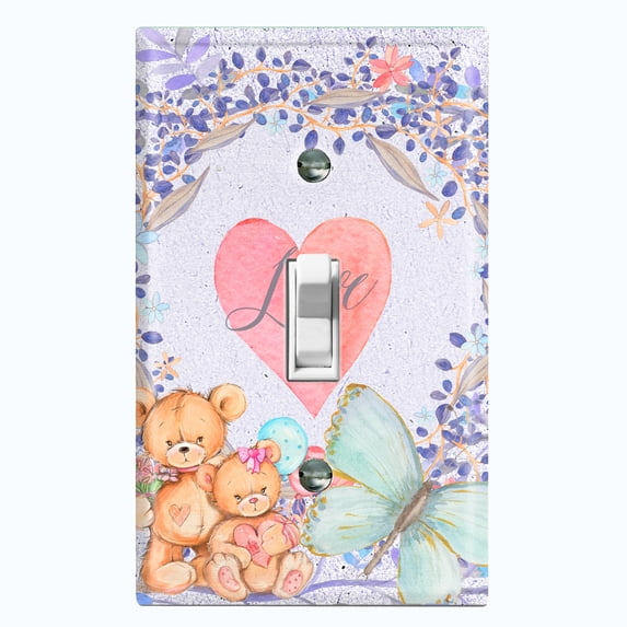 Metal Light Switch Wall Plate Outlet Cover (2 Teddy Bears With Love Heart Flower Balloon Flower Wreath Purple - Single Toggle)