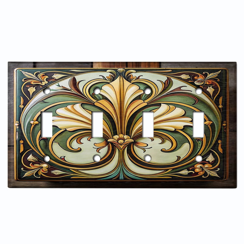 Metal Light Switch Wall Plate Outlet Cover (Art Deco Botanical Emblem - Quad Toggle)