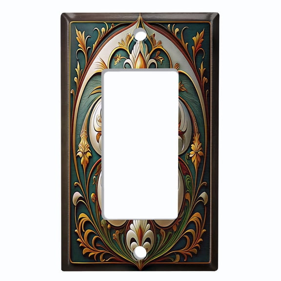 Metal Light Switch Wall Plate Outlet Cover (Art Deco Floral Emblem - Single GFI/Rocker)