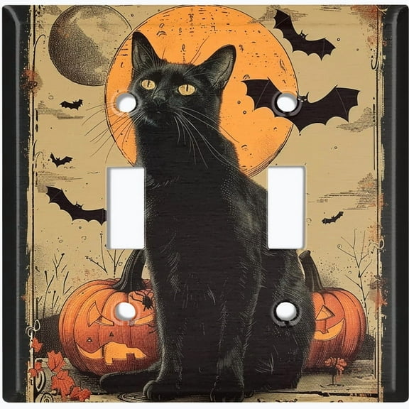 Metal Light Switch Wall Plate Outlet Cover (Black Cat Halloween - Double Toggle)