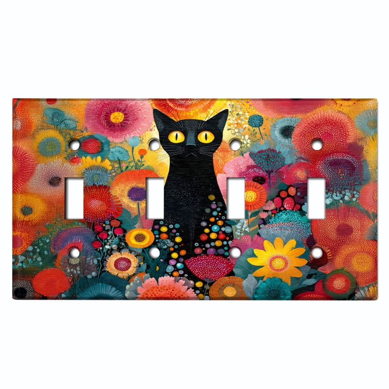 Metal Light Switch Wall Plate Outlet Cover (Black Cat with Colorful Vibrant Flowers - Quad Toggle)