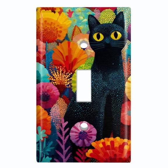 Metal Light Switch Wall Plate Outlet Cover (Black Cat with Vibrant Flowers - Single Toggle)