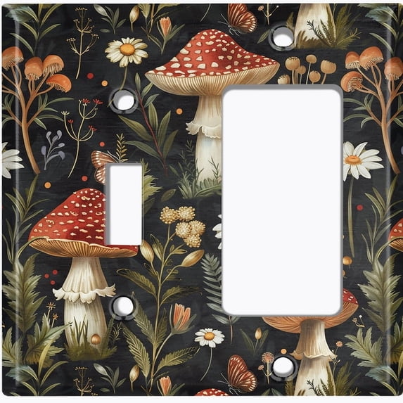 Metal Light Switch Wall Plate Outlet Cover (Botanical Garden, Mushrooms and Widflowers - 2 Gang Toggle/GFI Rocker)