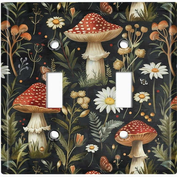 Metal Light Switch Wall Plate Outlet Cover (Botanical Garden, Mushrooms and Widflowers - Double Toggle)