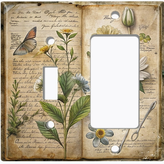 Metal Light Switch Wall Plate Outlet Cover (Botanical Notebook - 2 Gang Toggle/GFI Rocker)