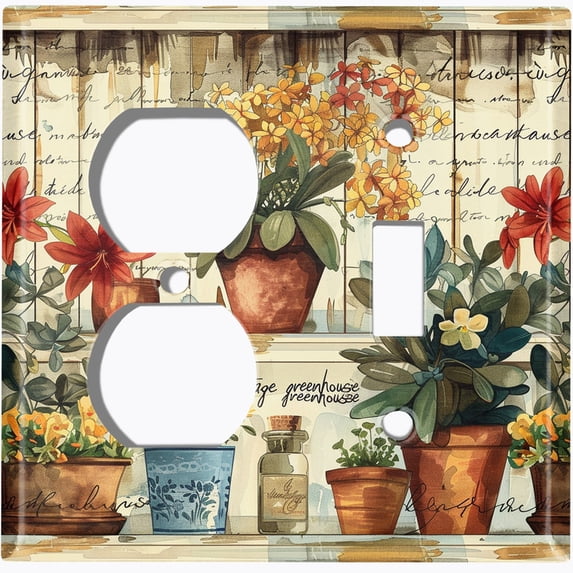 Metal Light Switch Wall Plate Outlet Cover (Botanical Plant Pots - 2 Gang Duplex/Toggle)