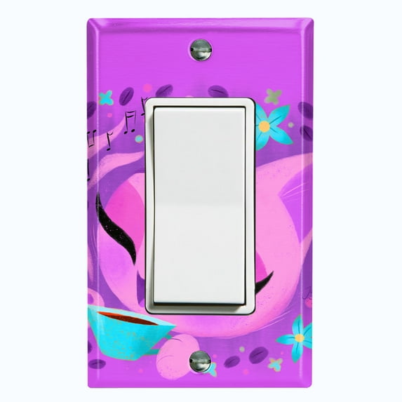 Metal Light Switch Wall Plate Outlet Cover (Coffee Bean Cat Lover Flower Purple - Single Rocker)