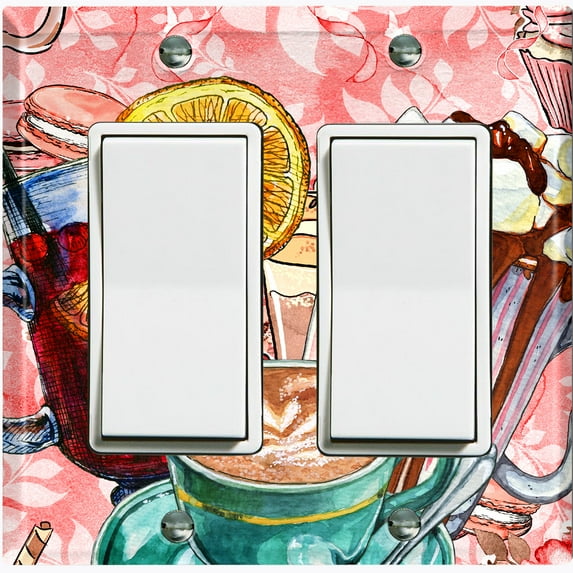 Metal Light Switch Wall Plate Outlet Cover (Coffee Beans Mocha Tea Marshmallow Treat Pink White Leaves - Double Rocker)