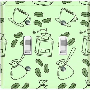 Metal Light Switch Wall Plate Outlet Cover (Coffee Espresso Mocha Bean Cup Maker Pistachio Green - Double Toggle)