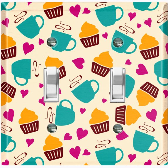 Metal Light Switch Wall Plate Outlet Cover (Coffee Espresso Mocha Cup Heart Cupcake Pattern Beige - Double Toggle)