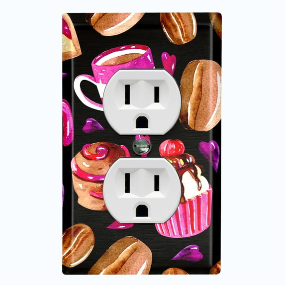 Metal Light Switch Wall Plate Outlet Cover (Coffee Mocha Candy Bean Toffee Swirl Cupcake Coffee Maker Black Pink Hearts - Single Duplex)