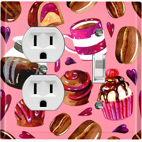 Metal Light Switch Wall Plate Outlet Cover (Coffee Mocha Candy Bean Toffee Swirl Cupcake Coffee Maker Pink Purple Hearts - Single Duplex Single Toggle)