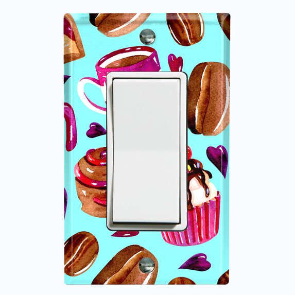 Metal Light Switch Wall Plate Outlet Cover (Coffee Mocha Candy Bean Toffee Swirl Cupcake Coffee Maker Teal Pink Hearts - Single Rocker)