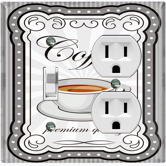 Metal Light Switch Wall Plate Outlet Cover (Coffee Mocha Espresso Cup Gray White Frame - Single Toggle Single Duplex)