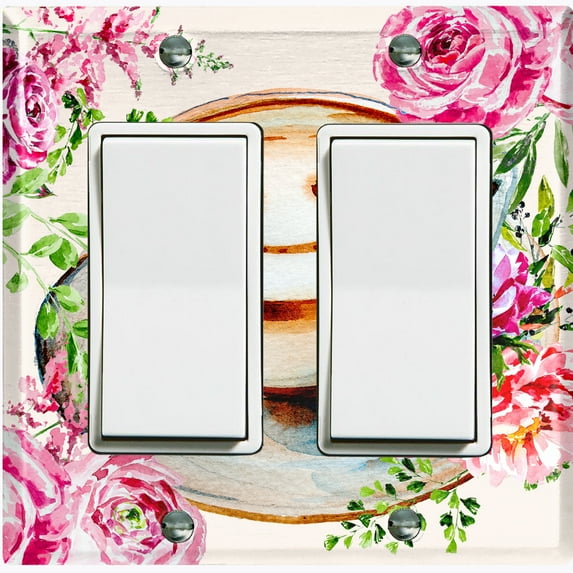 Metal Light Switch Wall Plate Outlet Cover (Coffee Mocha Espresso Cup Smiley Face Pink Roses - Double Rocker)