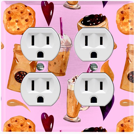 Metal Light Switch Wall Plate Outlet Cover (Coffee Mocha Espresso Grounds Cookie Sugar Treats Love Caramel Shake Pink - Double Duplex)