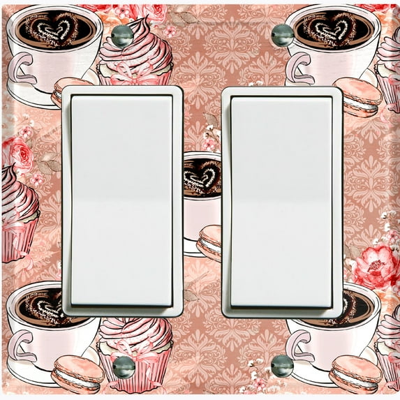 Metal Light Switch Wall Plate Outlet Cover (Coffee Mocha Espresso Heart Cupcake Macaron Flower Bouquet Damask Pink - Double Rocker)