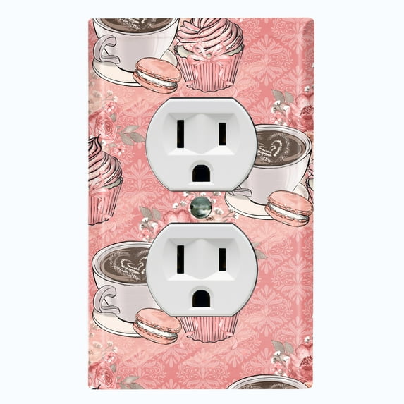 Metal Light Switch Wall Plate Outlet Cover (Coffee Mocha Espresso Heart Cupcake Macaron Flower Bouquet Damask Pink - Single Duplex)