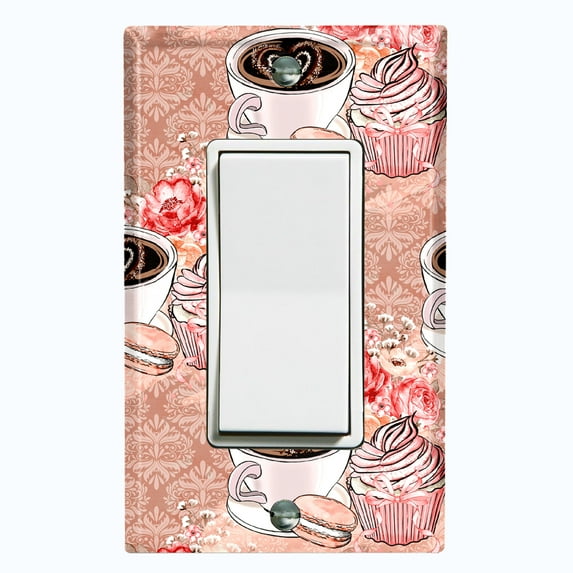 Metal Light Switch Wall Plate Outlet Cover (Coffee Mocha Espresso Heart Cupcake Macaron Flower Bouquet Damask Pink - Single Rocker)