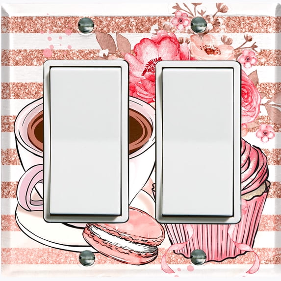 Metal Light Switch Wall Plate Outlet Cover (Coffee Mocha Espresso Heart Cupcake Macaron Flower Bouquet Pink - Double Rocker)