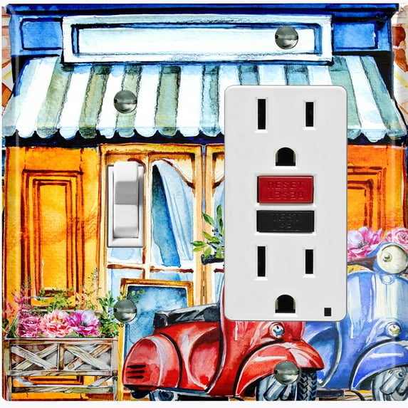 Metal Light Switch Wall Plate Outlet Cover (Coffee Mocha Espresso Shop Cafe Vintage Store Front Flower - Single Toggle Single Rocker)