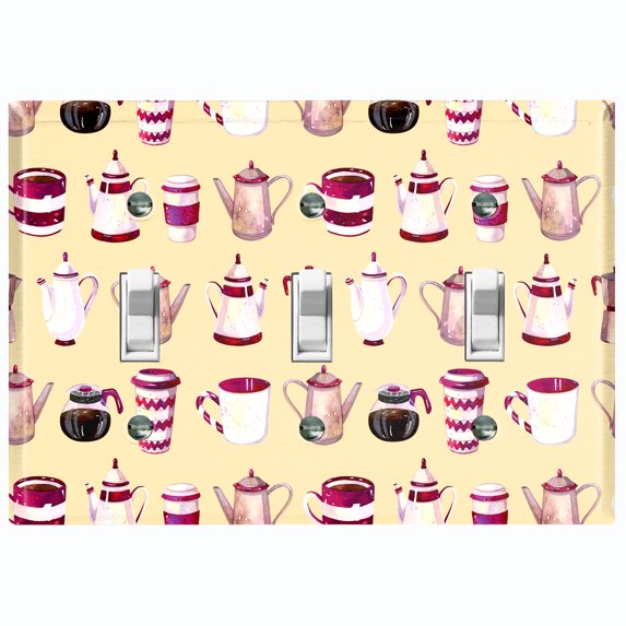 Metal Light Switch Wall Plate Outlet Cover (Coffee Mocha Espresso Tea Pot Kettle Maker Festive Cup Cream Pattern - Triple Toggle)