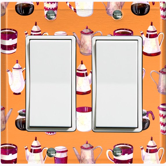 Metal Light Switch Wall Plate Outlet Cover (Coffee Mocha Espresso Tea Pot Kettle Maker Festive Cup Orange Pattern - Double Rocker)