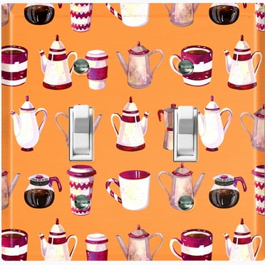 Metal Light Switch Wall Plate Outlet Cover (Coffee Mocha Espresso Tea Pot Kettle Maker Festive Cup Orange Pattern - Double Toggle)