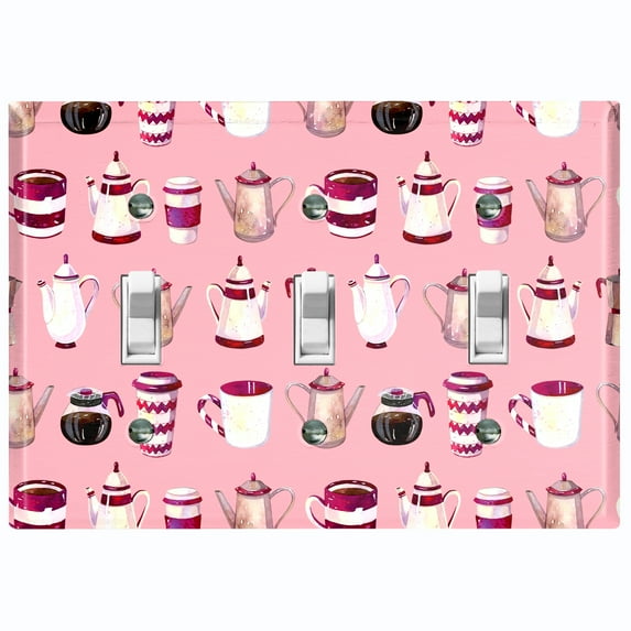 Metal Light Switch Wall Plate Outlet Cover (Coffee Mocha Espresso Tea Pot Kettle Maker Festive Cup Pink Pattern - Triple Toggle)