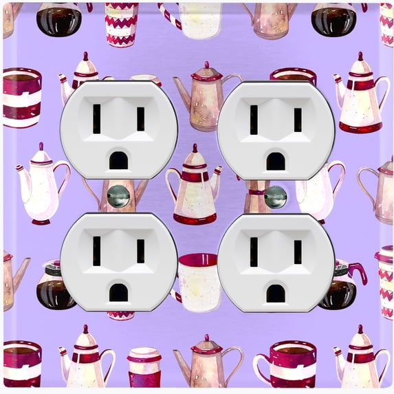 Metal Light Switch Wall Plate Outlet Cover (Coffee Mocha Espresso Tea Pot Kettle Maker Festive Cup Purple Pattern - Double Duplex)