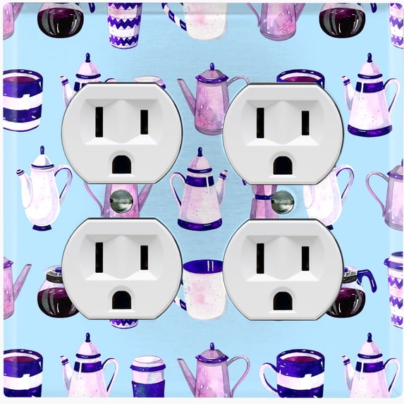 Metal Light Switch Wall Plate Outlet Cover (Coffee Mocha Espresso Tea Pot Kettle Maker Festive Cup Teal Pattern - Double Duplex)