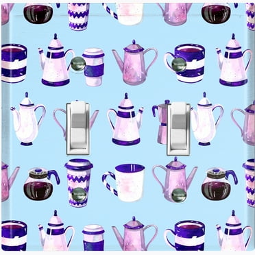 Metal Light Switch Wall Plate Outlet Cover (Coffee Mocha Espresso Tea Pot Kettle Maker Festive Cup Teal Pattern - Double Toggle)
