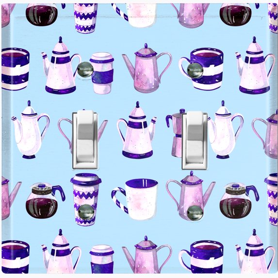 Metal Light Switch Wall Plate Outlet Cover (Coffee Mocha Espresso Tea Pot Kettle Maker Festive Cup Teal Pattern - Double Toggle)