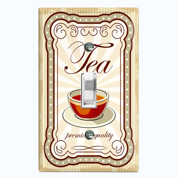 Metal Light Switch Wall Plate Outlet Cover (Coffee Mocha Tea Cup Beige White Frame - Single Toggle)