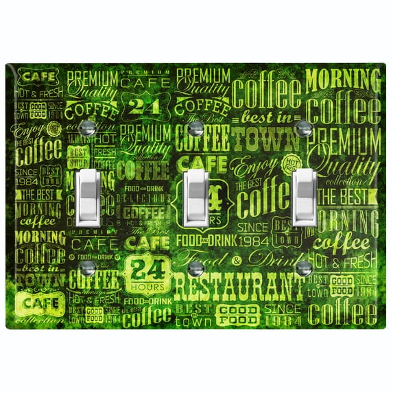 Metal Light Switch Wall Plate Outlet Cover (Coffee Shop Cafe Restaurant Sign Black Lime Green - Triple Toggle)