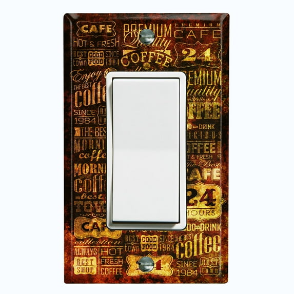 Metal Light Switch Wall Plate Outlet Cover (Coffee Shop Cafe Restaurant Sign Black Rust Pattern Print - Single Rocker)